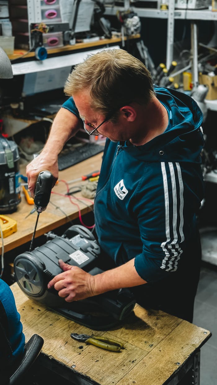 our-services-2 An adult male technician in a workshop using a power drill to repair machinery.