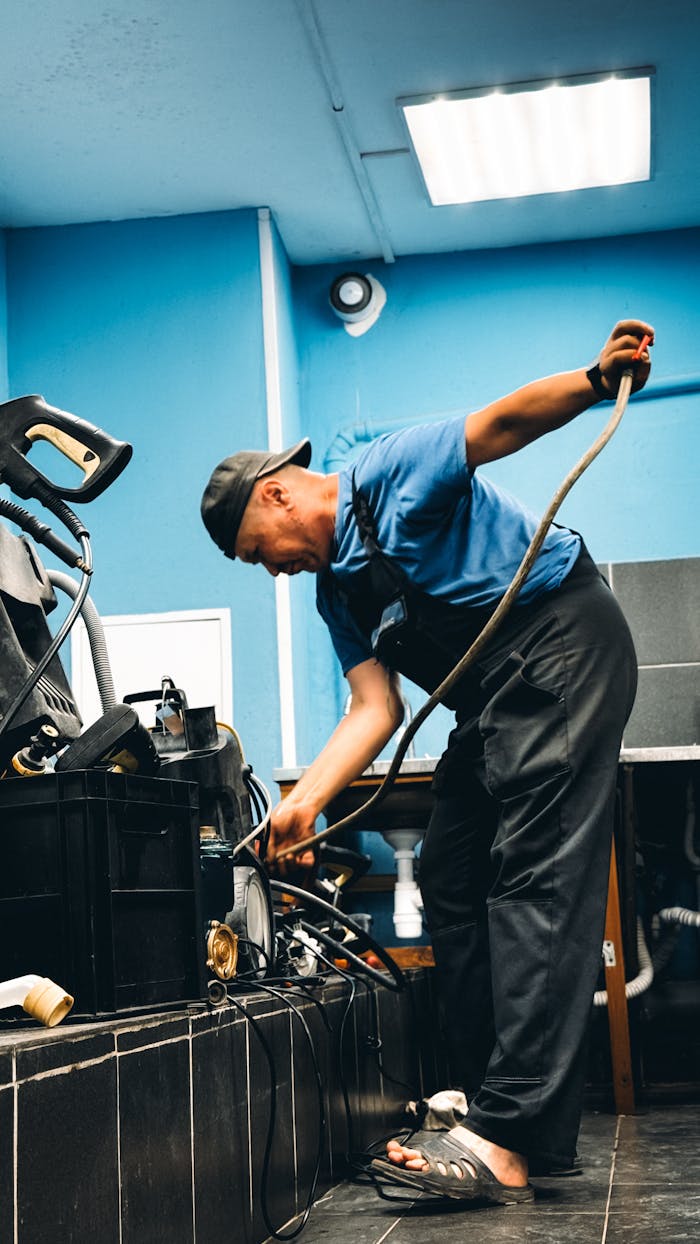gallery-4 A technician in blue attire repairing equipment in an indoor workshop setting.