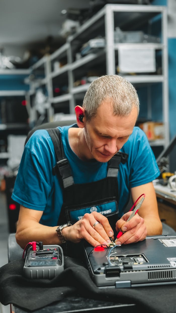 our-services-3 Focused technician repairing laptop with precision in a busy workshop environment.